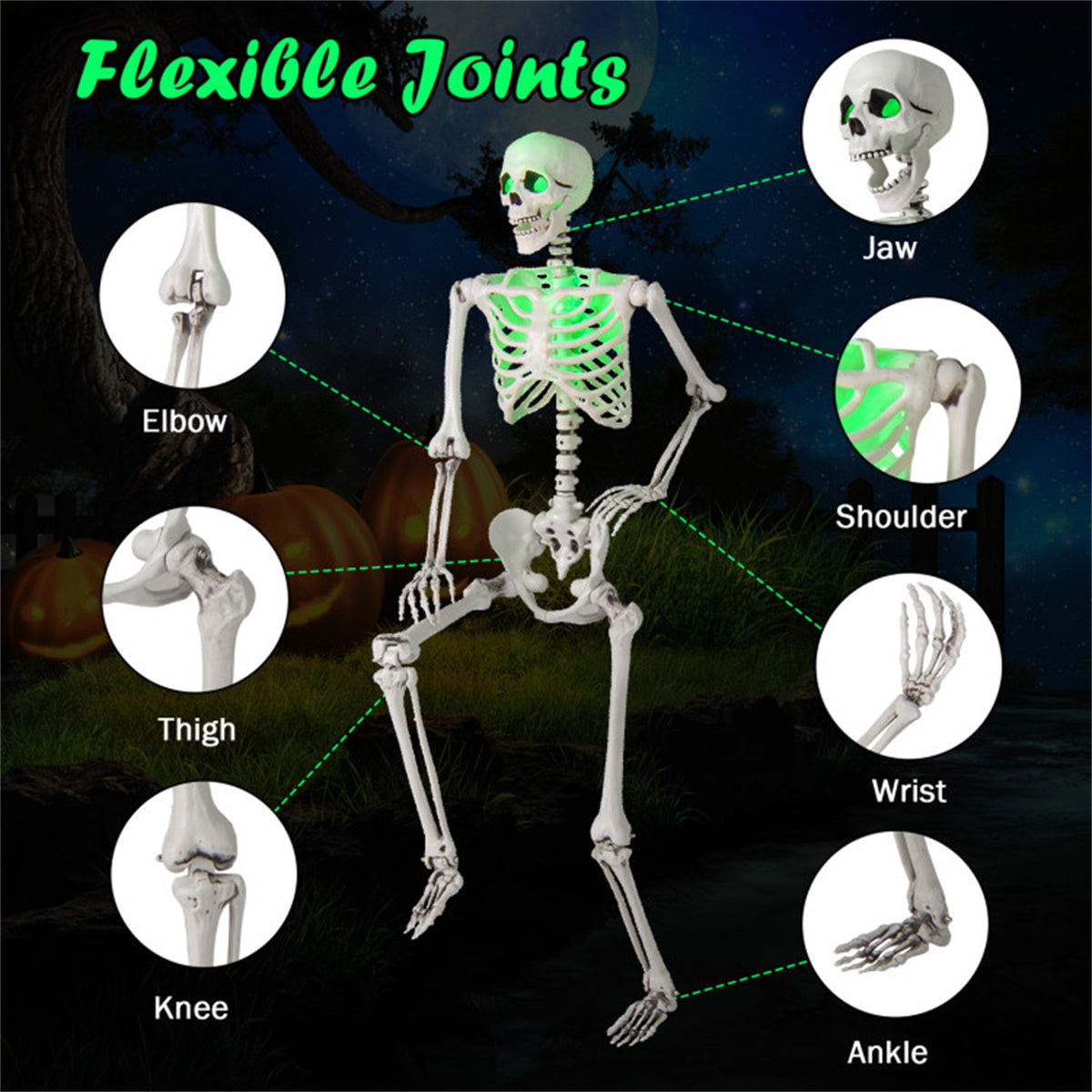 US Local 5.5ft Life-Size Pre-Lit Halloween Skeleton - Built-In Green LED Lights (Eyes/Chest), Fully Poseable Joints, PP+PE Material