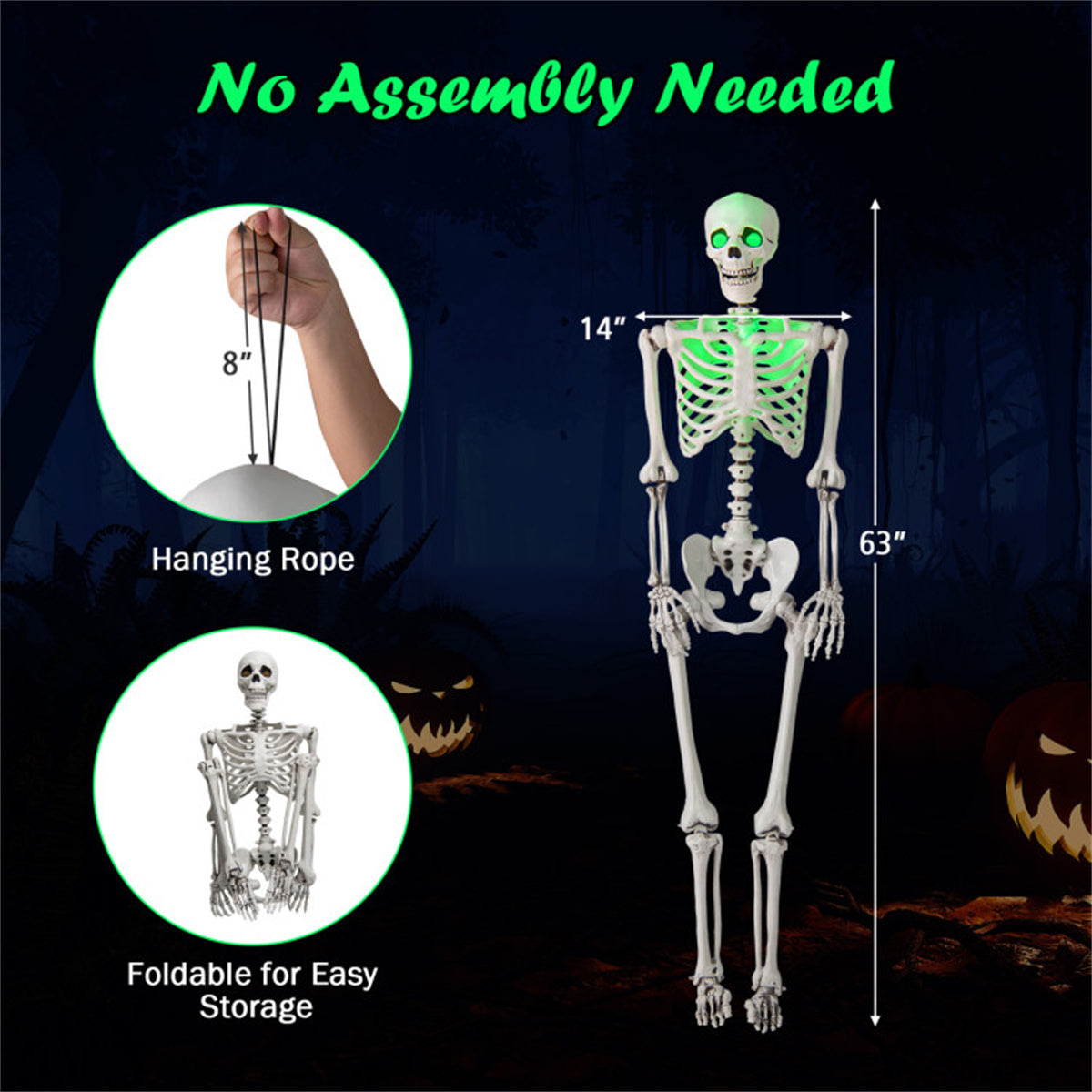 US Local 5.5ft Life-Size Pre-Lit Halloween Skeleton - Built-In Green LED Lights (Eyes/Chest), Fully Poseable Joints, PP+PE Material