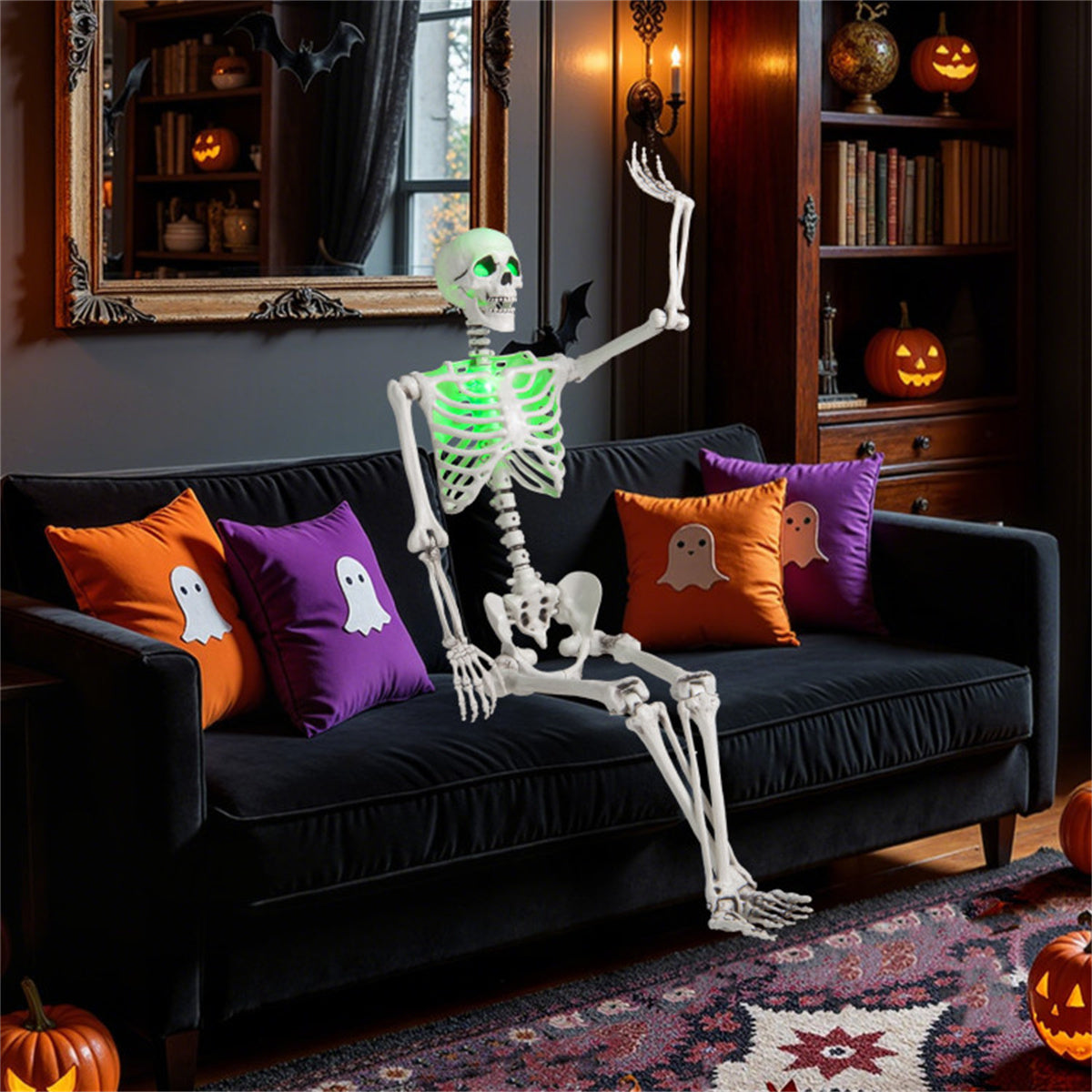 US Local 5.5ft Life-Size Pre-Lit Halloween Skeleton - Built-In Green LED Lights (Eyes/Chest), Fully Poseable Joints, PP+PE Material