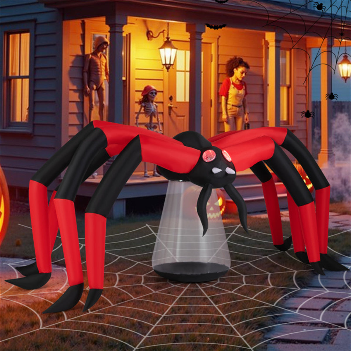 US Local 10ft Wide 5ft Tall Giant Halloween Inflatable Spider - LED Head Light + 2 Red Eye Tunnel Lights, Black + Red Color