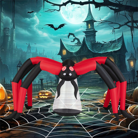 US Local 10ft Wide 5ft Tall Giant Halloween Inflatable Spider - LED Head Light + 2 Red Eye Tunnel Lights, Black + Red Color