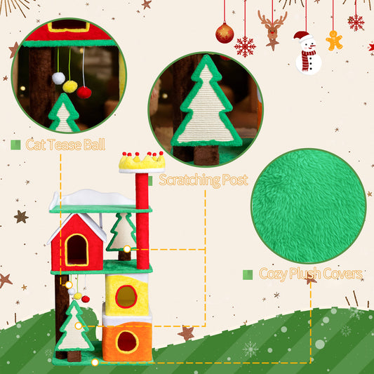 US Local 56in Christmas Themed Plush Cat Tree, Multi-level Cat Tower with Cat Condos, Top Crown Perch, Sisal Ramp Scratching Posts, Large Cat Pet Activity Center for Indoor Cats