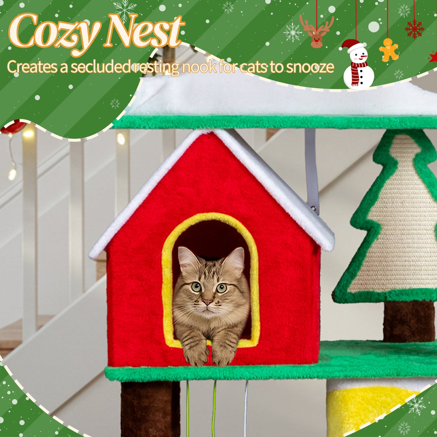 US Local 56in Christmas Themed Plush Cat Tree, Multi-level Cat Tower with Cat Condos, Top Crown Perch, Sisal Ramp Scratching Posts, Large Cat Pet Activity Center for Indoor Cats