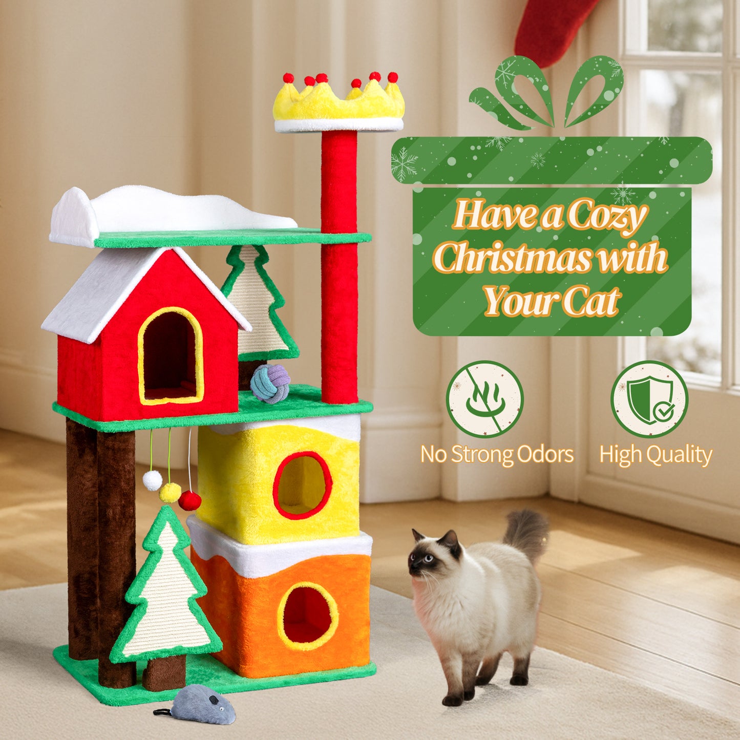 US Local 56in Christmas Themed Plush Cat Tree, Multi-level Cat Tower with Cat Condos, Top Crown Perch, Sisal Ramp Scratching Posts, Large Cat Pet Activity Center for Indoor Cats