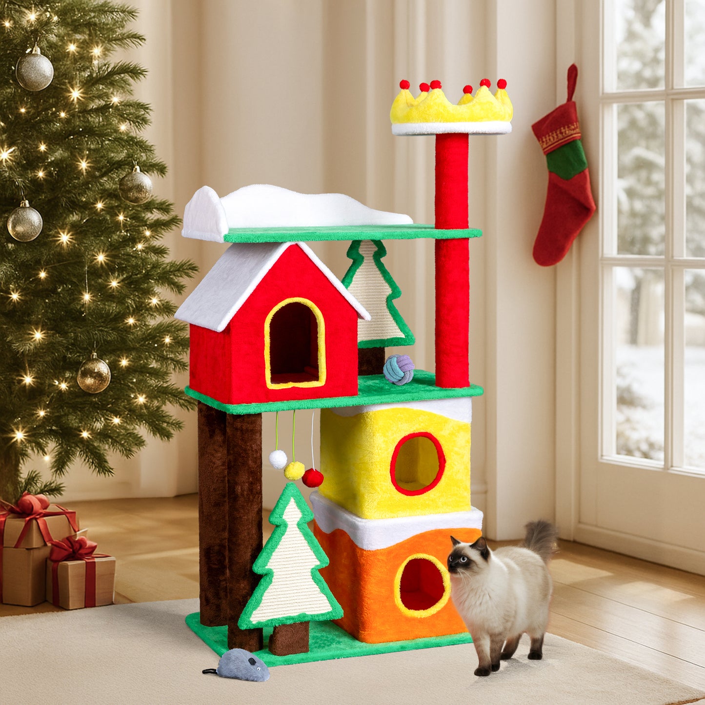 US Local 56in Christmas Themed Plush Cat Tree, Multi-level Cat Tower with Cat Condos, Top Crown Perch, Sisal Ramp Scratching Posts, Large Cat Pet Activity Center for Indoor Cats