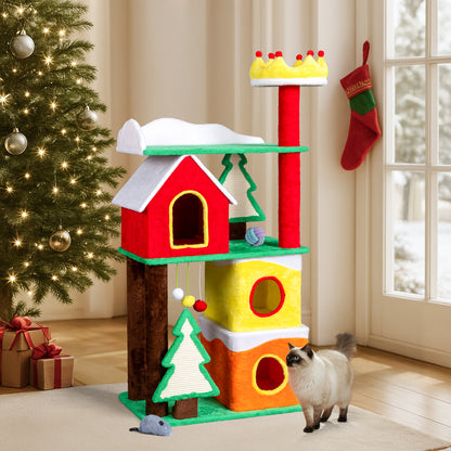US Local 56in Christmas Themed Plush Cat Tree, Multi-level Cat Tower with Cat Condos, Top Crown Perch, Sisal Ramp Scratching Posts, Large Cat Pet Activity Center for Indoor Cats