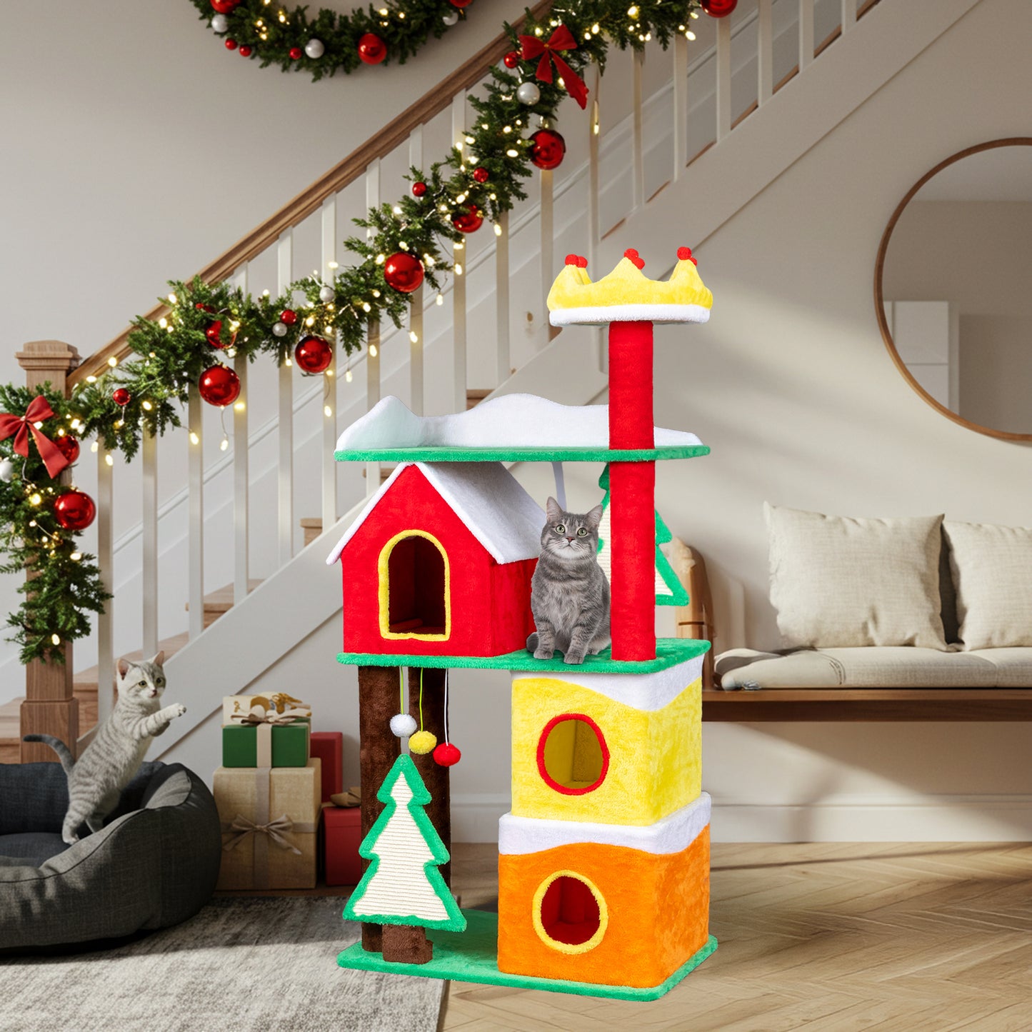 US Local 56in Christmas Themed Plush Cat Tree, Multi-level Cat Tower with Cat Condos, Top Crown Perch, Sisal Ramp Scratching Posts, Large Cat Pet Activity Center for Indoor Cats