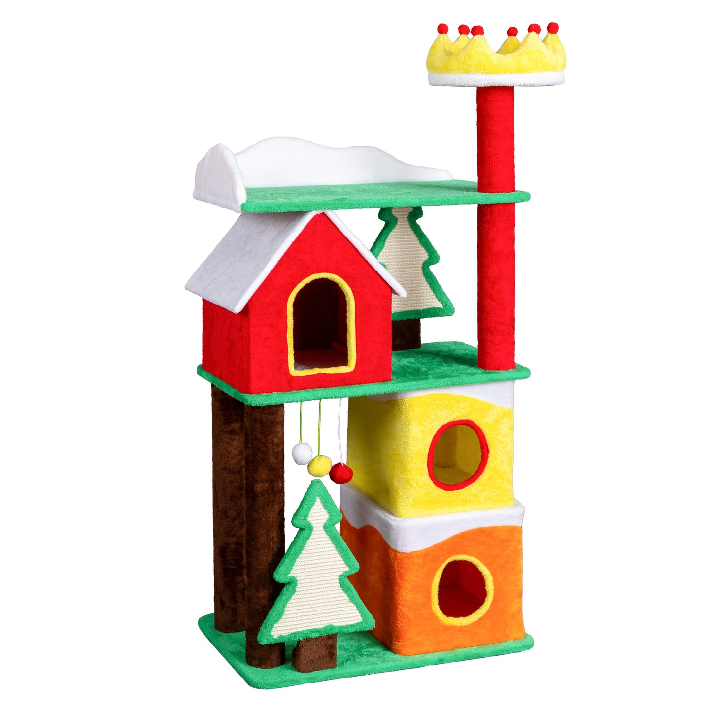 US Local 56in Christmas Themed Plush Cat Tree, Multi-level Cat Tower with Cat Condos, Top Crown Perch, Sisal Ramp Scratching Posts, Large Cat Pet Activity Center for Indoor Cats