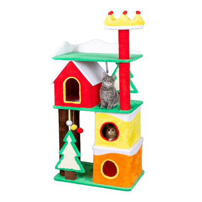 US Local 56in Christmas Themed Plush Cat Tree, Multi-level Cat Tower with Cat Condos, Top Crown Perch, Sisal Ramp Scratching Posts, Large Cat Pet Activity Center for Indoor Cats