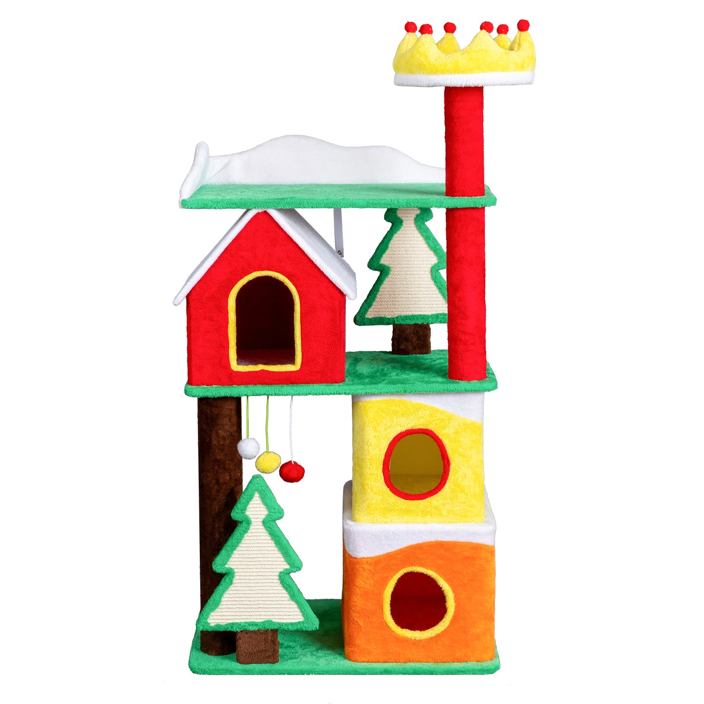 US Local 56in Christmas Themed Plush Cat Tree, Multi-level Cat Tower with Cat Condos, Top Crown Perch, Sisal Ramp Scratching Posts, Large Cat Pet Activity Center for Indoor Cats