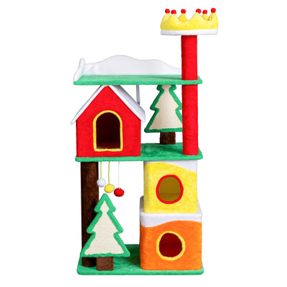 US Local 56in Christmas Themed Plush Cat Tree, Multi-level Cat Tower with Cat Condos, Top Crown Perch, Sisal Ramp Scratching Posts, Large Cat Pet Activity Center for Indoor Cats