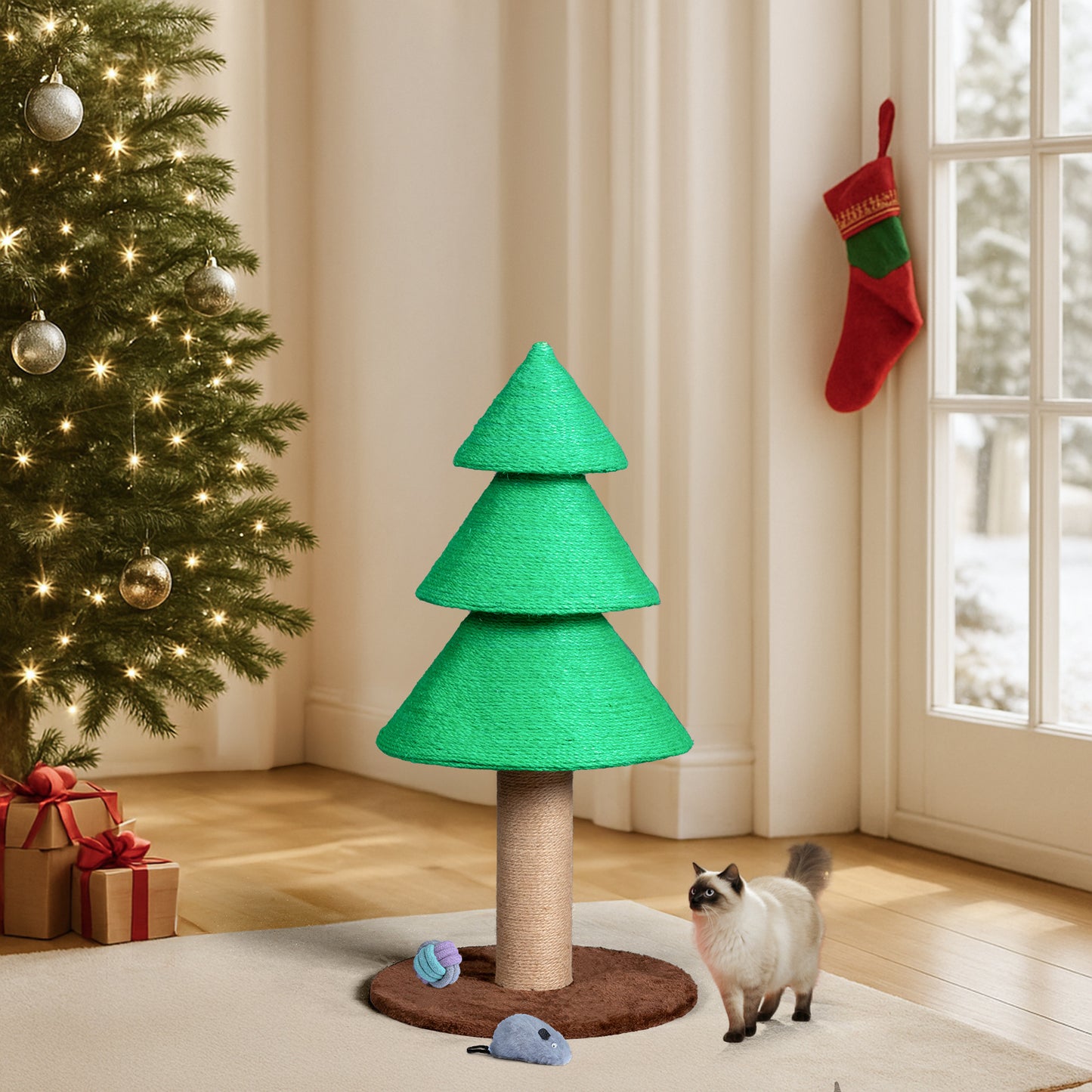 US Local 31.5in Christmas Tree Cat Scratcher, Cat Scratching Post for Indoor Cats, Large Sisal Cat Scratching Tree Cat Scratch Tower, Green