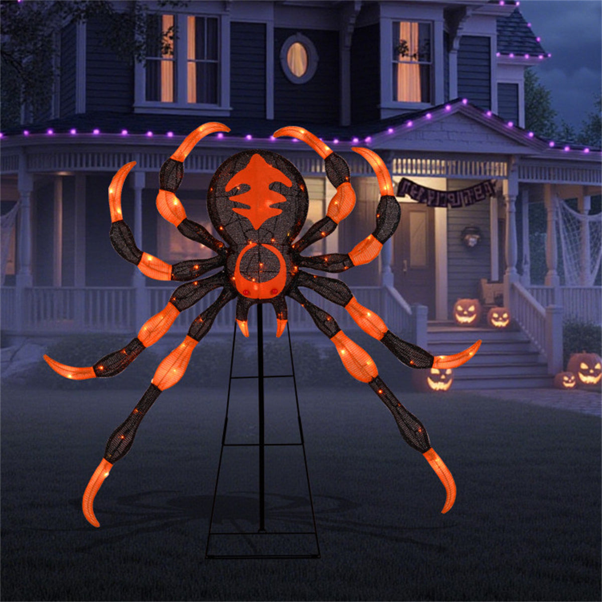 US Local 52" Large Halloween Spider Decoration with 80 LED Lights  - Weatherproof Metal & Fabric Spider with Sturdy Stand,
