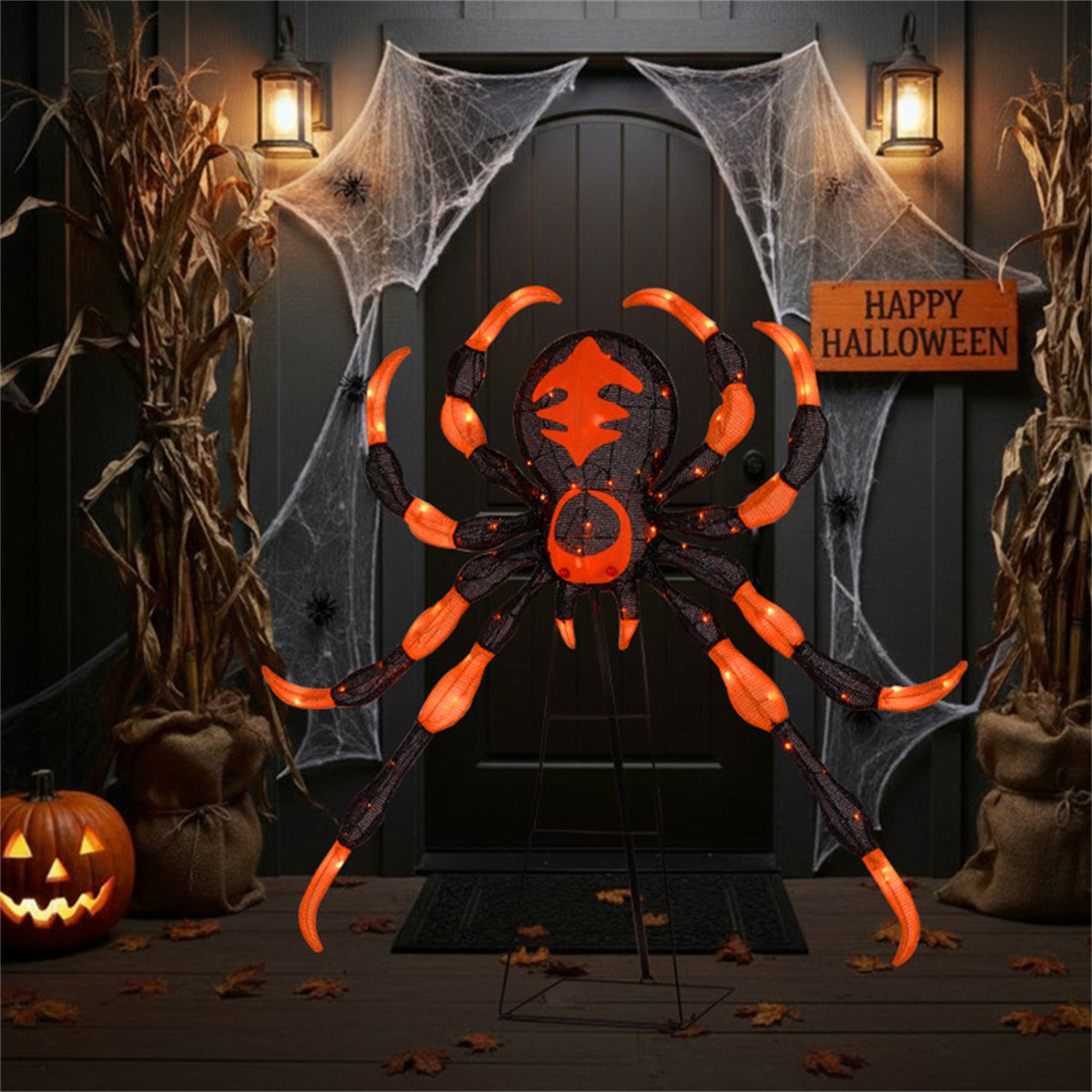 US Local 52" Large Halloween Spider Decoration with 80 LED Lights  - Weatherproof Metal & Fabric Spider with Sturdy Stand,