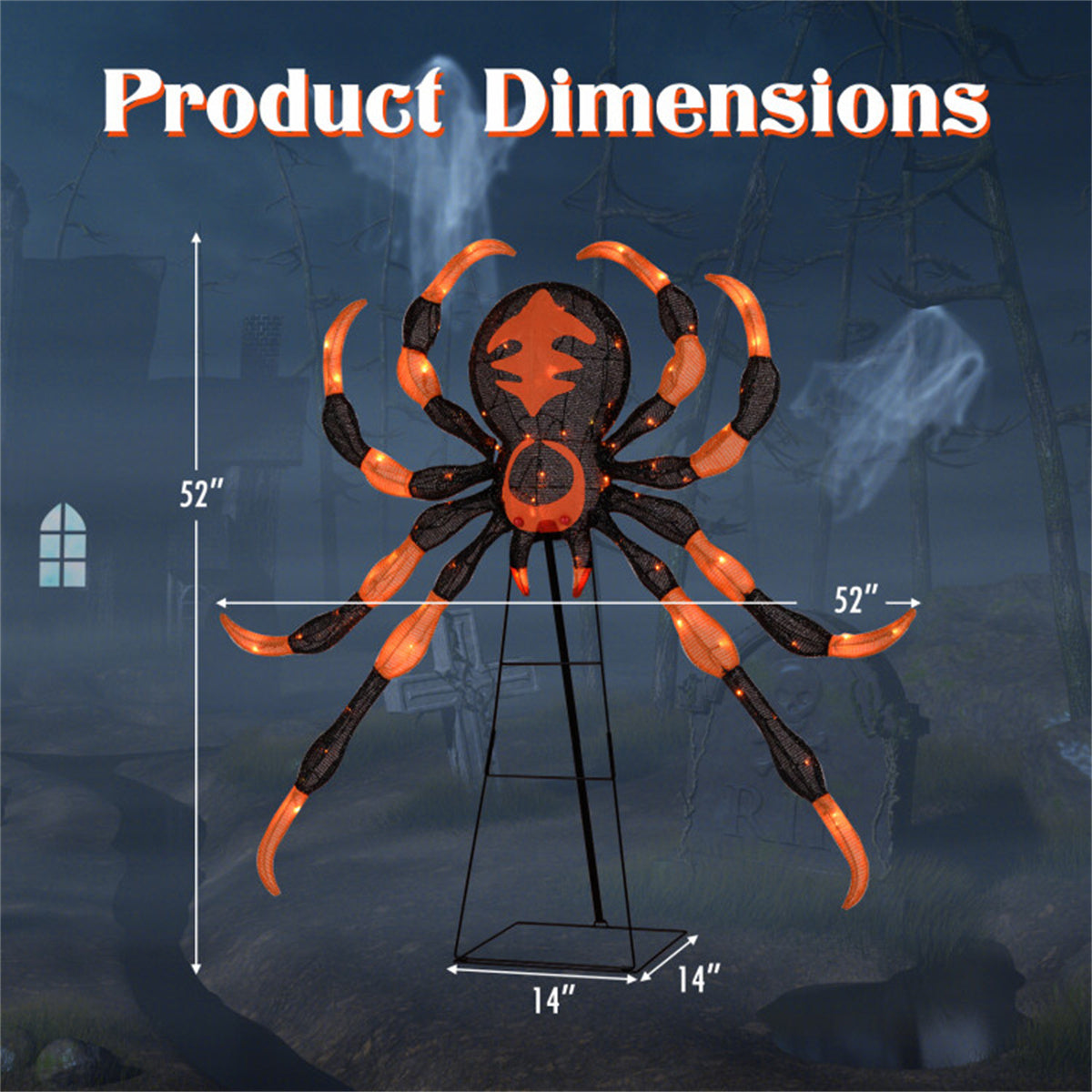 US Local 52" Large Halloween Spider Decoration with 80 LED Lights  - Weatherproof Metal & Fabric Spider with Sturdy Stand,