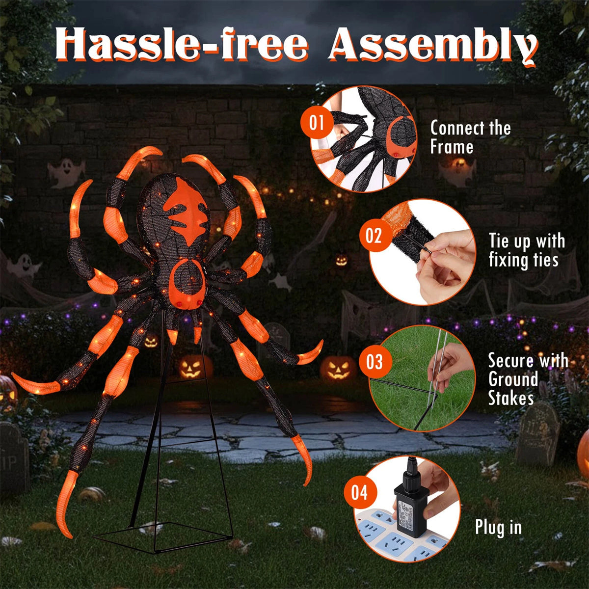 US Local 52" Large Halloween Spider Decoration with 80 LED Lights  - Weatherproof Metal & Fabric Spider with Sturdy Stand,
