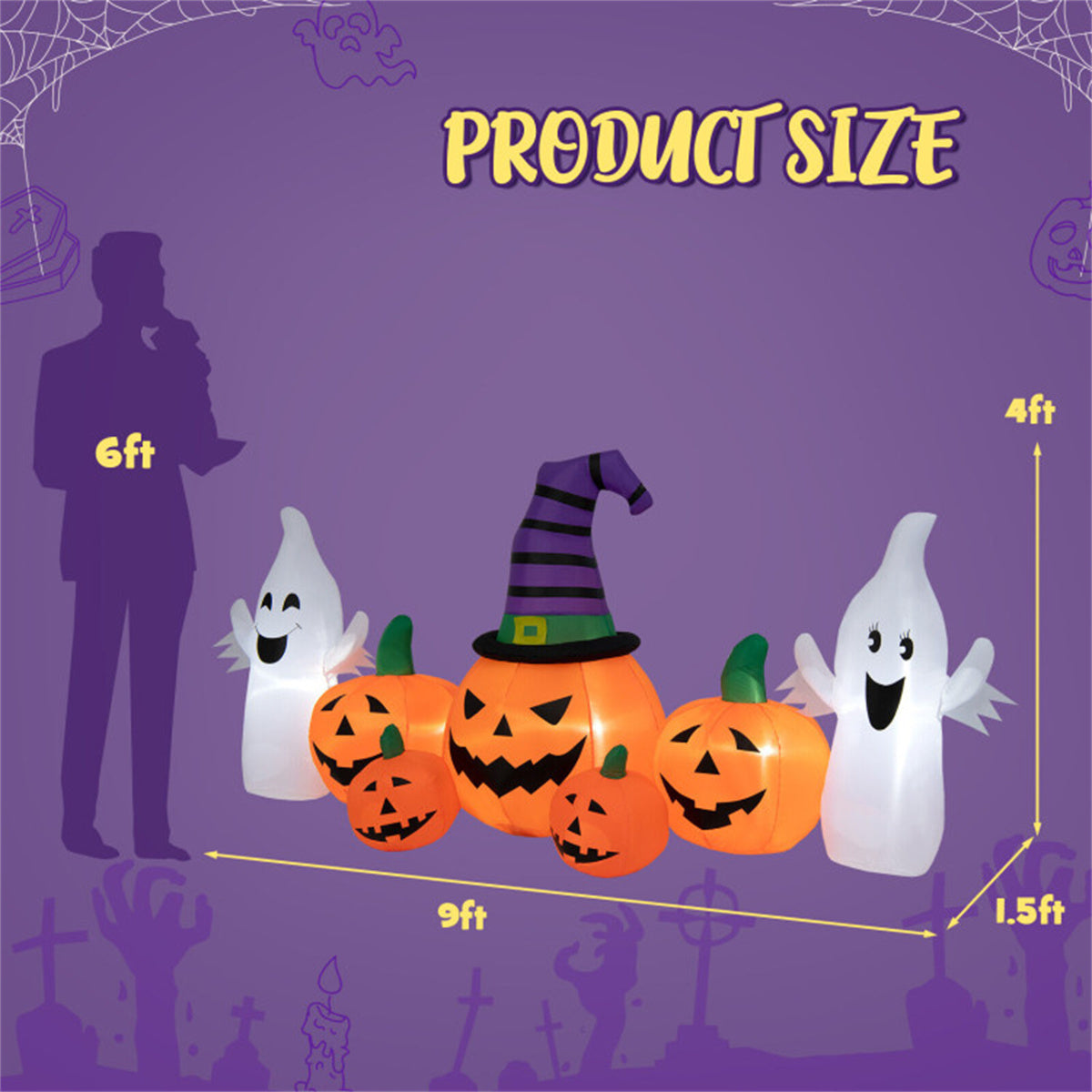 US Local 9ft Inflatable Halloween Decor: 5 Pumpkins, 2 Ghosts, Internal LED Lights, Waterproof Polyester, 1-Min Inflation