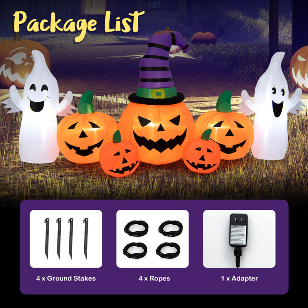 US Local 9ft Inflatable Halloween Decor: 5 Pumpkins, 2 Ghosts, Internal LED Lights, Waterproof Polyester, 1-Min Inflation