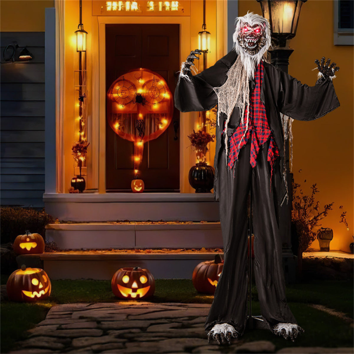 US Local 8.2ft Animatronic Werewolf Halloween Decor: Realistic Fur, Scary Howls, Red Flashing LEDs, Poseable Arms, Easy 3-Step Assembly for Porch/Garden/Yard