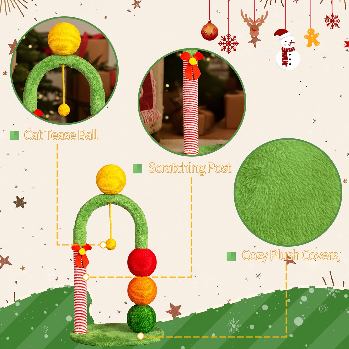 US Local 29in Cat Tree Tower with Sisal Scratcher Balls, Cute Holiday Scratching Post with Danging Ball for Indoor Cats