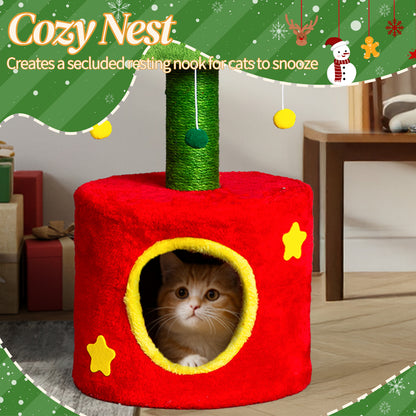 US Local 30in Cat Scratching Post with Cat House for Indoor Kitten, Small Cat Tree Tower with Sisal Post and Cute Hanging Balls, Red & Green