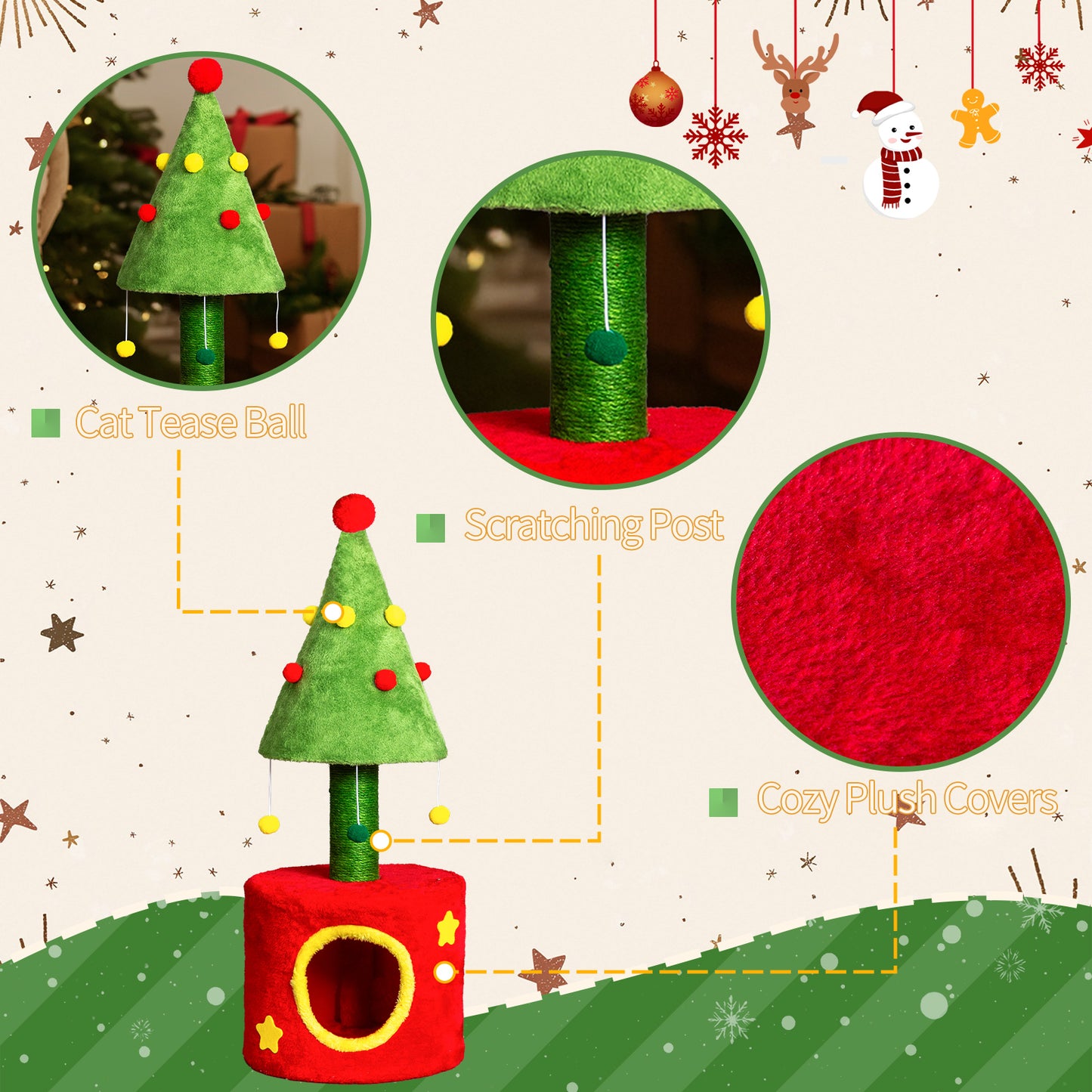 US Local 30in Cat Scratching Post with Cat House for Indoor Kitten, Small Cat Tree Tower with Sisal Post and Cute Hanging Balls, Red & Green