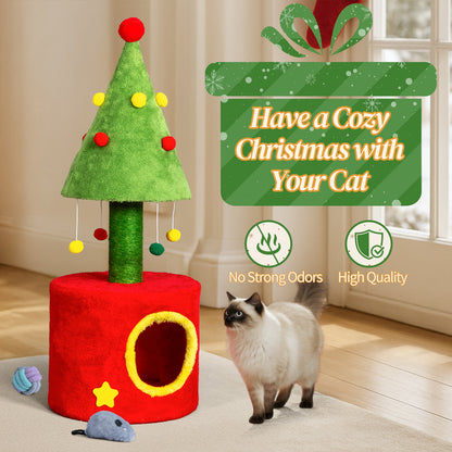 US Local 30in Cat Scratching Post with Cat House for Indoor Kitten, Small Cat Tree Tower with Sisal Post and Cute Hanging Balls, Red & Green