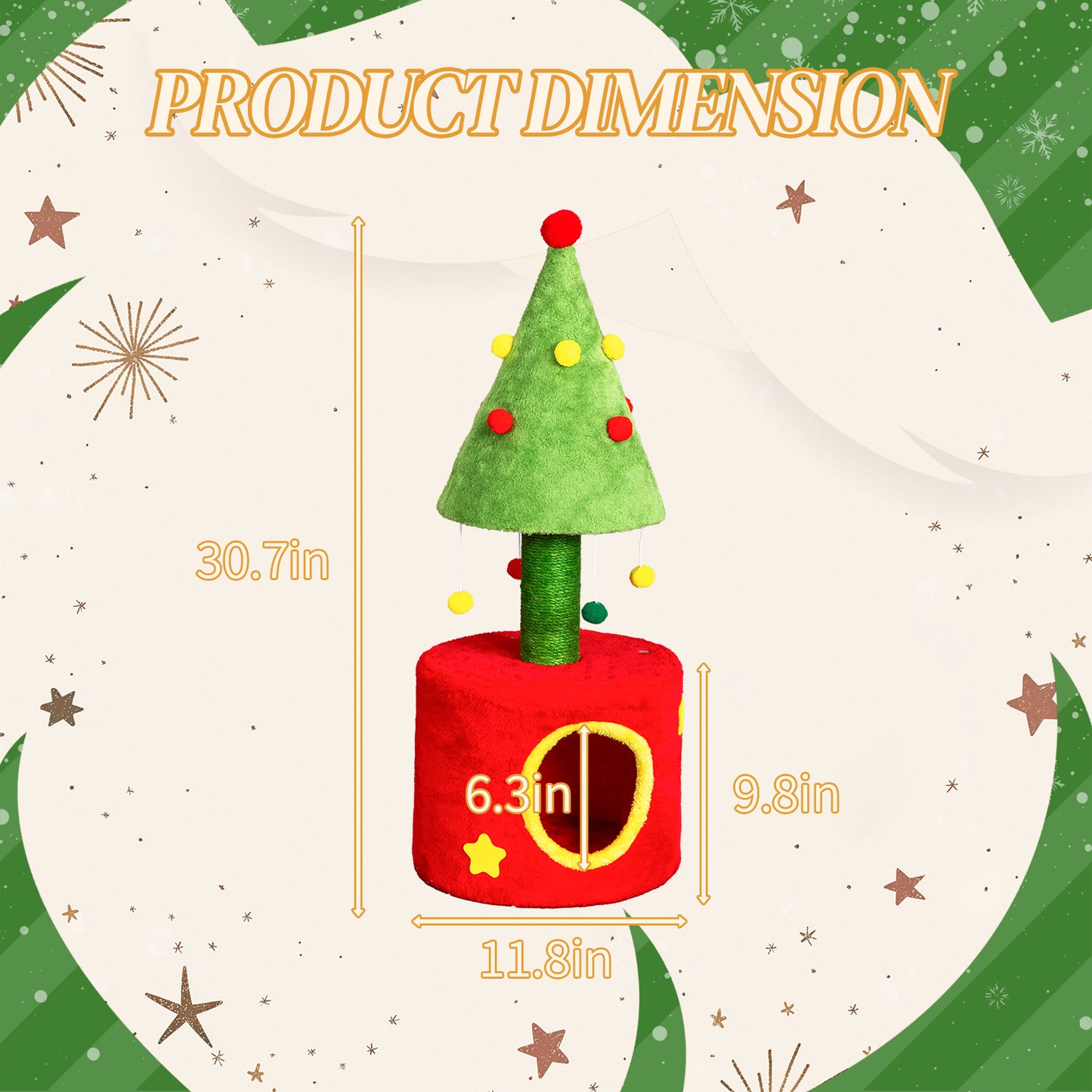 US Local 30in Cat Scratching Post with Cat House for Indoor Kitten, Small Cat Tree Tower with Sisal Post and Cute Hanging Balls, Red & Green