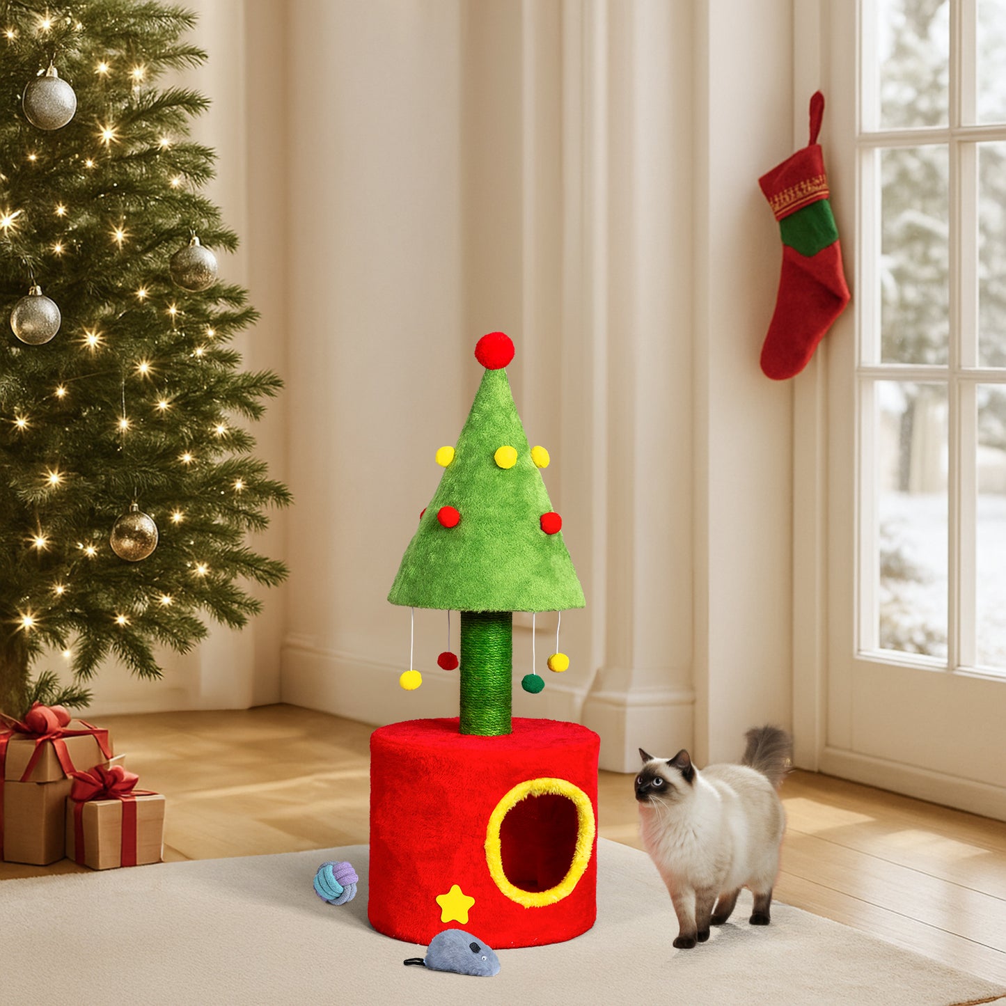 US Local 30in Cat Scratching Post with Cat House for Indoor Kitten, Small Cat Tree Tower with Sisal Post and Cute Hanging Balls, Red & Green