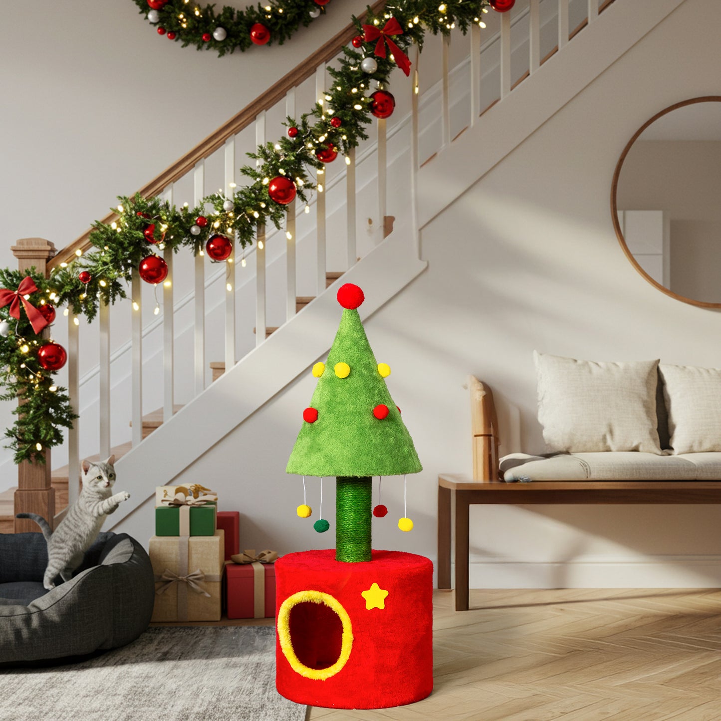 US Local 30in Cat Scratching Post with Cat House for Indoor Kitten, Small Cat Tree Tower with Sisal Post and Cute Hanging Balls, Red & Green