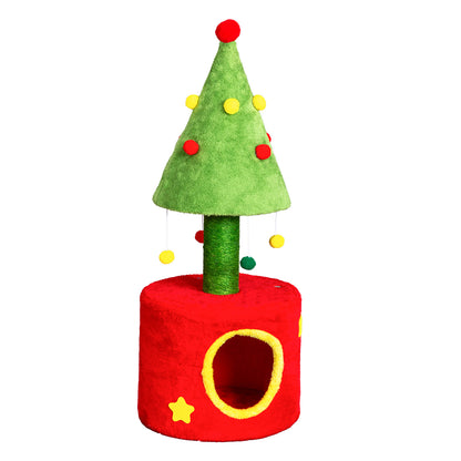 US Local 30in Cat Scratching Post with Cat House for Indoor Kitten, Small Cat Tree Tower with Sisal Post and Cute Hanging Balls, Red & Green