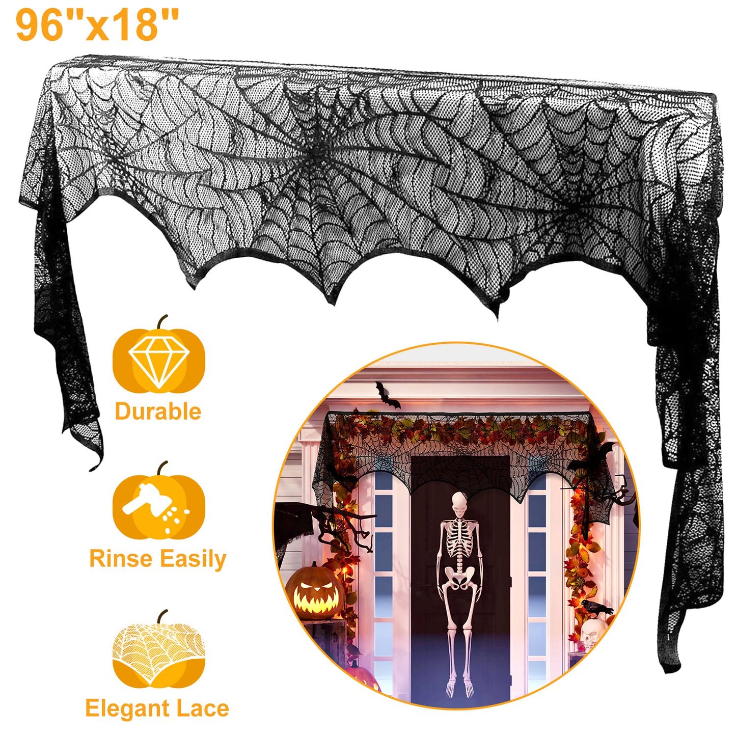US Local 2PCS Halloween Mantle Scarf (96"x18") - Black Lace with Spider Web, Spider & Bat Design, Soft Anti-Crease Fabric - Perfect for Fireplace, Haunted House, Party Decor