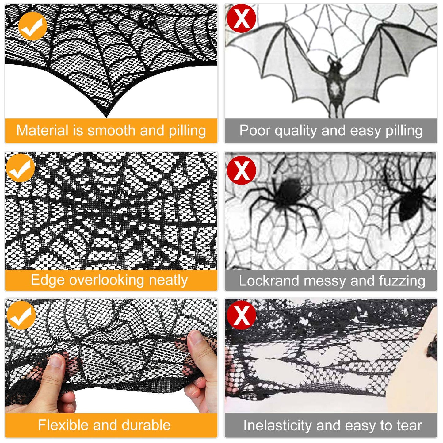 US Local 2PCS Halloween Mantle Scarf (96"x18") - Black Lace with Spider Web, Spider & Bat Design, Soft Anti-Crease Fabric - Perfect for Fireplace, Haunted House, Party Decor