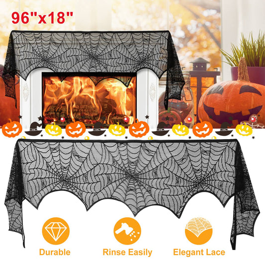 US Local 2PCS Halloween Mantle Scarf (96"x18") - Black Lace with Spider Web, Spider & Bat Design, Soft Anti-Crease Fabric - Perfect for Fireplace, Haunted House, Party Decor