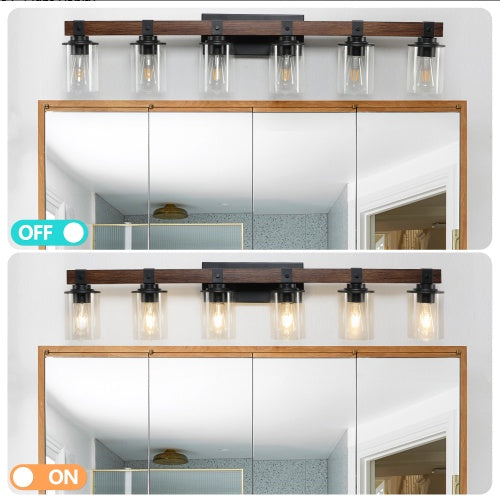 US Local 42 Rustic 6-Light Vanity Light, Industrial Bathroom Wall Sconce With Glass Shades And Wood Accent, Modern Farmhouse Lighting Fixture No Bulbs