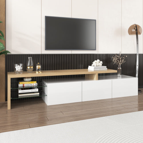 UK Local Modern TV Cabinet Design Stylish And Elegant, Practical Storage, High-gloss White, Wooden Look, Glass Shelves, LED Lighting