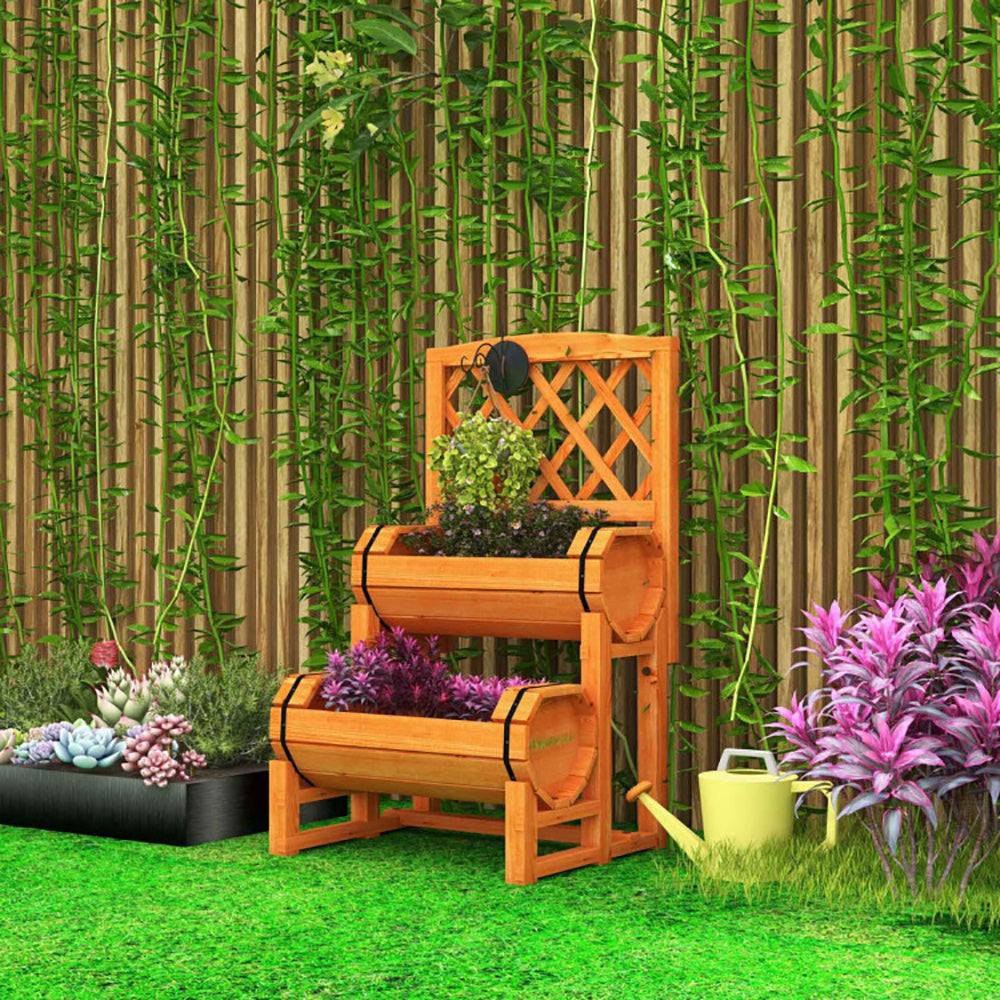US Local Wooden 2-Tier Raised Garden Bed With 2 Cylindrical Planter Boxes And Trellis