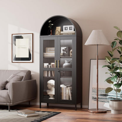 US Local Metal Arched Cabinet With LED Strips, Arch Display Bookcase With Glass Doors, Modern Freestanding Kitchen Pantry Storage Cabinet For Living Room, Dining Room, Home Office, Assembly Required Black