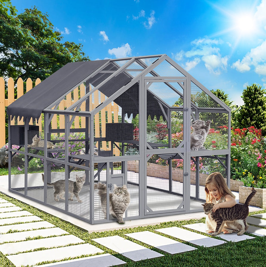 US Local Outdoor Cat House Cat Fence, Upgraded Waterproof Cover - Gray