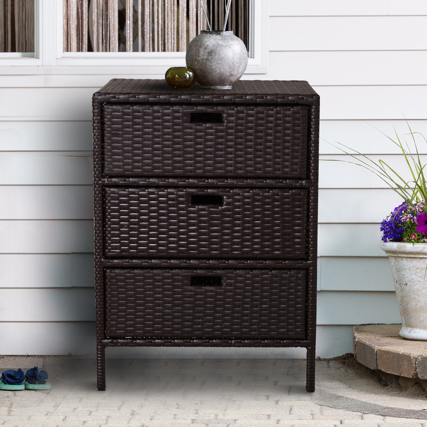 US Local 32 Poolside Rattan Wicker Patio Organizer Storage Cabinet With 3 Large Drawers Weather Fighting Materials