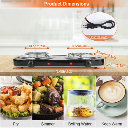 US Local 2 Color Options -- 1Pc 2000W Electric Double Burner Portable Coil Heating Hot Plate Stove Countertop RV Hotplate With Non Slip Rubber Feet 5 Temperature Adjustments
