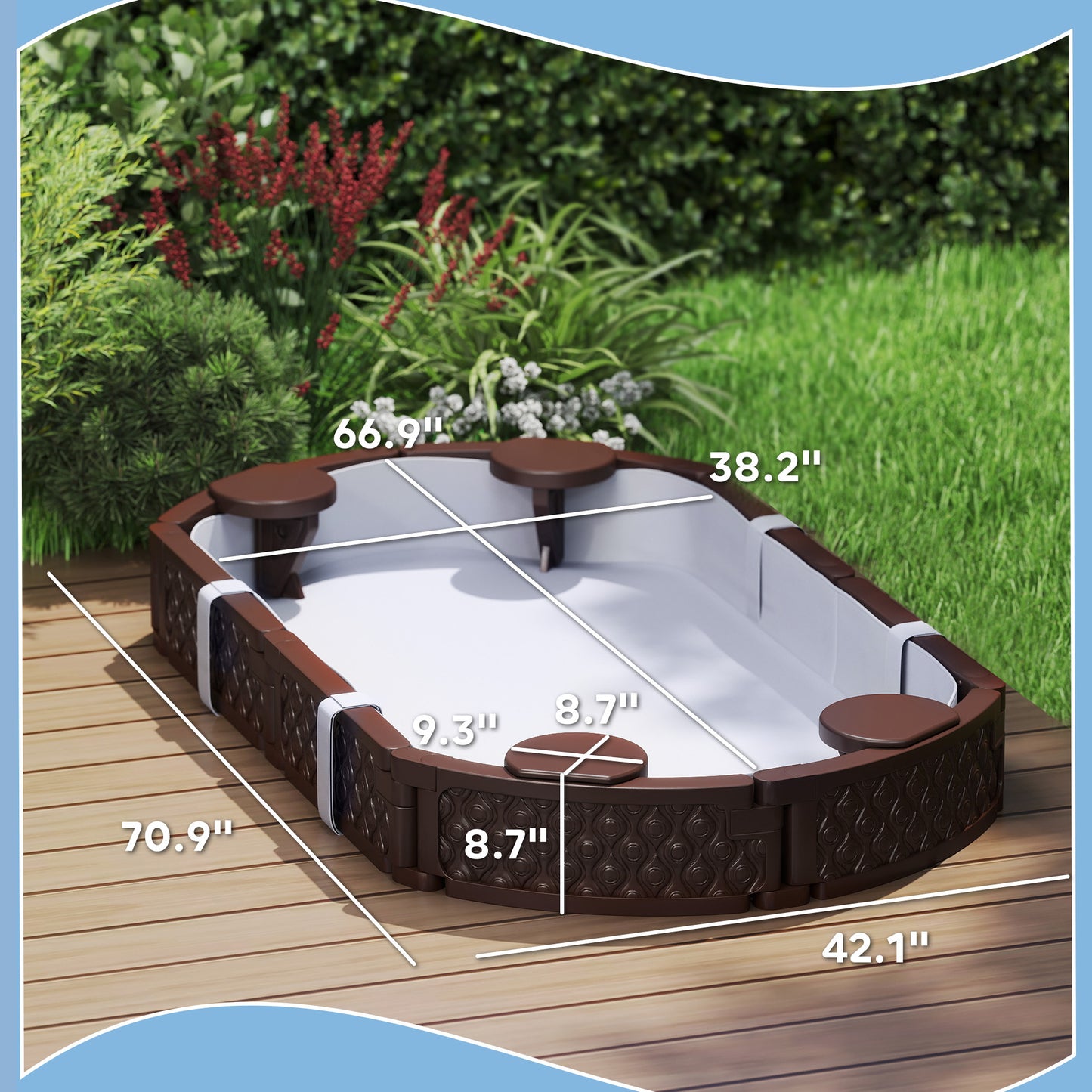 US Local Kids Sandbox With Cover, 4 Corner Seats, Bottom Liner For Backyard, Garden, Outdoor, 71 X 42 W X 9, Dark Brown