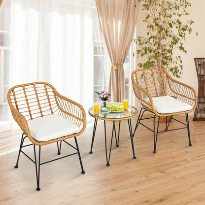 US Local 3 Pieces Rattan Furniture Set With Cushioned Chair Table