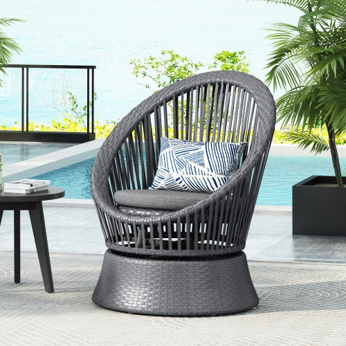 US Local 26.7 Modern Gray Wicker Lounge Chair With Rattan And Iron Frame, Featuring A Stylish Round Design, Perfect For Living Room, Patio, Or Balcony Relaxation