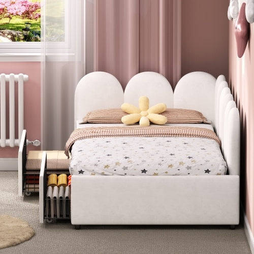 UK Local 3ft Single Daybed With Two Storage Drawers, Modern Youth Bed Frame With Wooden Slats, Velvet Sofa Bed For Living Room Bedroom Study Room, 90X190cm, Easy Assembly, Cream White