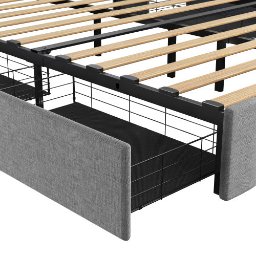 US Local Full Size Bed Frame With LED, 4 Under-bed Portable Storage Drawers, Wings Headboard Design, Light Grey