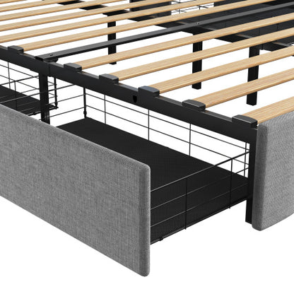 US Local Full Size Bed Frame With LED, 4 Under-bed Portable Storage Drawers, Wings Headboard Design, Light Grey