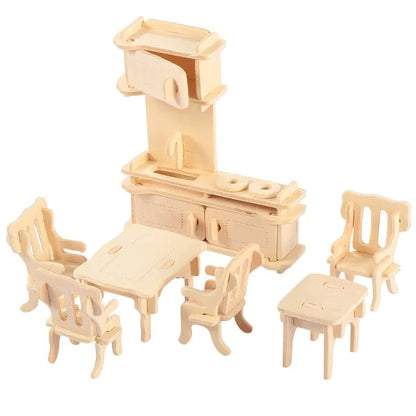 US Local 3D Wooden Dollhouse Furniture Puzzles DIY Miniature Furniture Models Set