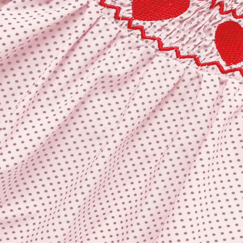 US Local Baby Girl's Short Sleeve Pink Romper, Polka Dot Pattern With Heart Embroidery And Ruffle Detail