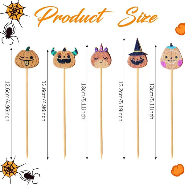 Halloween Pumpkin Cocktail Picks 5 Inch Bamboo Fancy Toothpicks For Appetizers, Decorative Fall Halloween Thanksgiving Party Food Drinks Garnish Fruit Skewer Sticks Multi-item Party Favor Pack